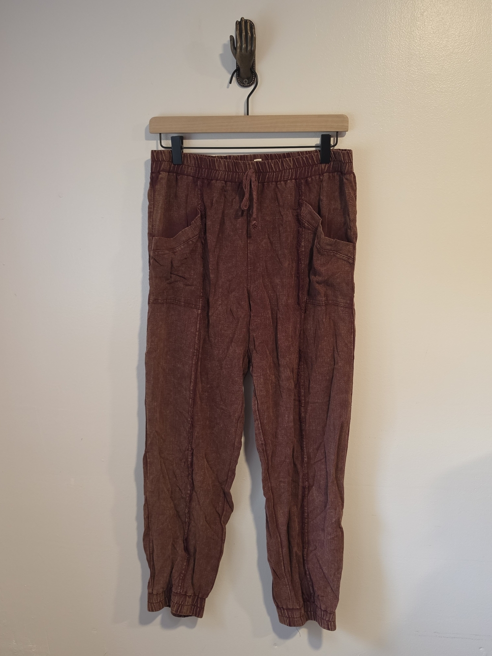 Umgee Burgundy Linen Cotton Blend Drawstring Joggers Women's Size Medium
